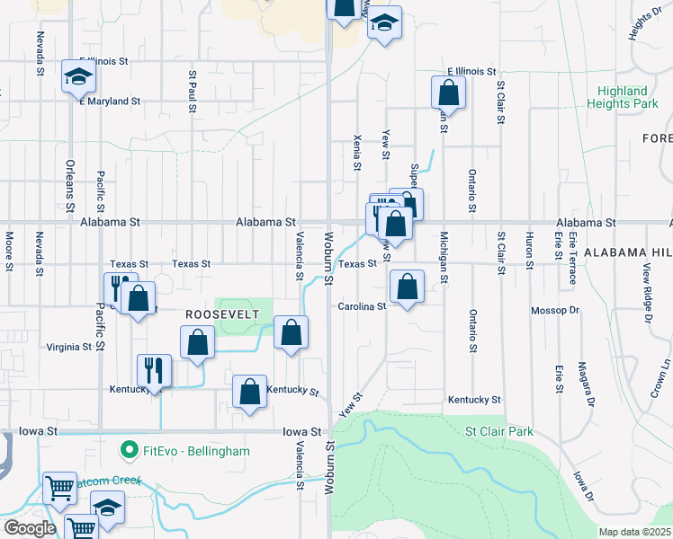 map of restaurants, bars, coffee shops, grocery stores, and more near 2402 Woburn Street in Bellingham