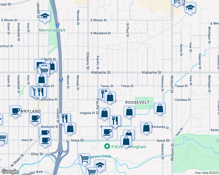 map of restaurants, bars, coffee shops, grocery stores, and more near 2328 Queen Street in Bellingham