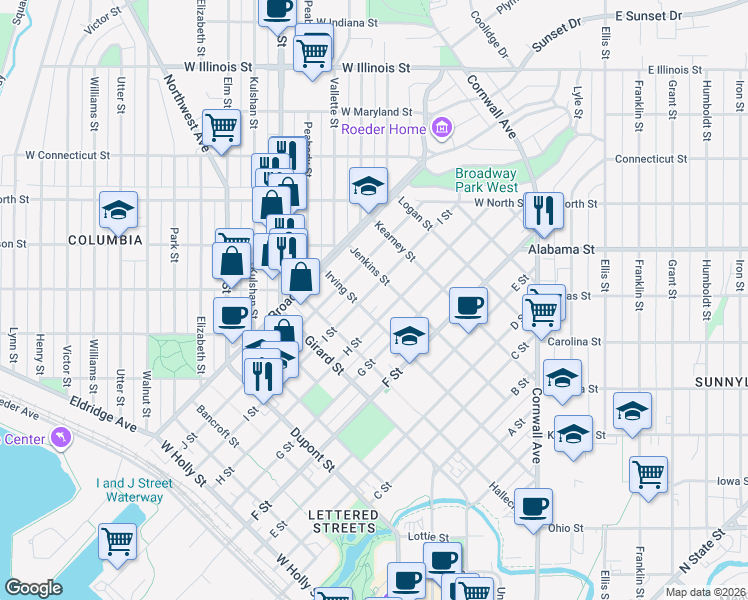 map of restaurants, bars, coffee shops, grocery stores, and more near 2215 I Street in Bellingham