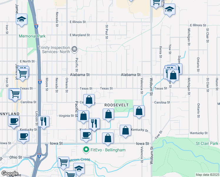 map of restaurants, bars, coffee shops, grocery stores, and more near 1707 Texas Street in Bellingham