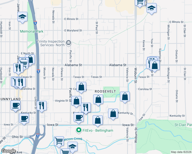 map of restaurants, bars, coffee shops, grocery stores, and more near 1615 Texas Street in Bellingham