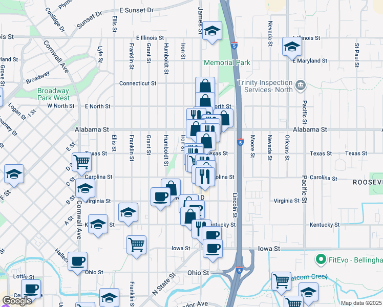 map of restaurants, bars, coffee shops, grocery stores, and more near 2404 Iron Street in Bellingham