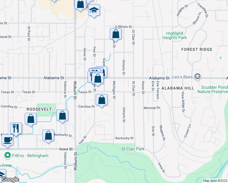 map of restaurants, bars, coffee shops, grocery stores, and more near 2599 Texas Street in Bellingham
