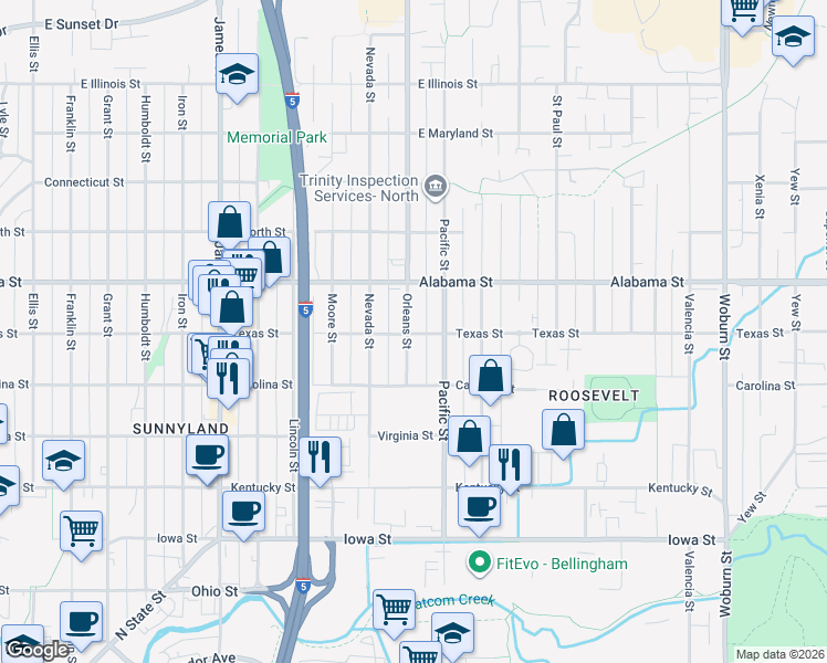 map of restaurants, bars, coffee shops, grocery stores, and more near 1311 Texas Street in Bellingham