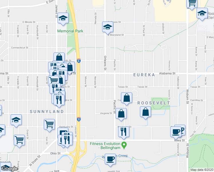 map of restaurants, bars, coffee shops, grocery stores, and more near 1311 Texas Street in Bellingham