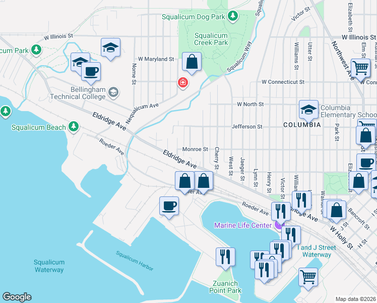 map of restaurants, bars, coffee shops, grocery stores, and more near 2405 Spruce Street in Bellingham