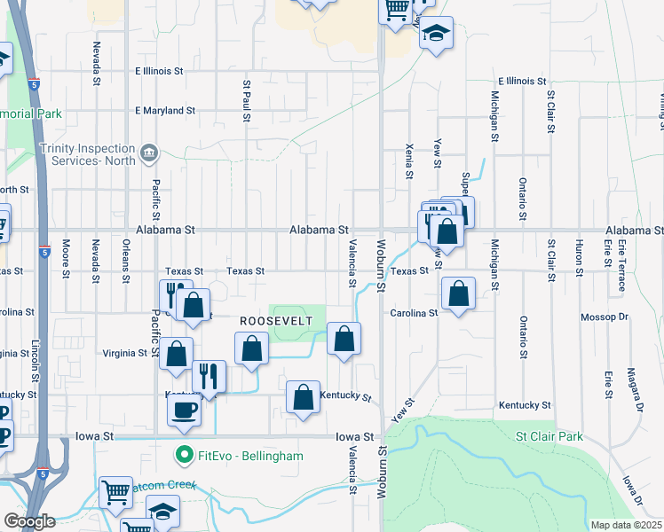 map of restaurants, bars, coffee shops, grocery stores, and more near 2001 Texas Street in Bellingham