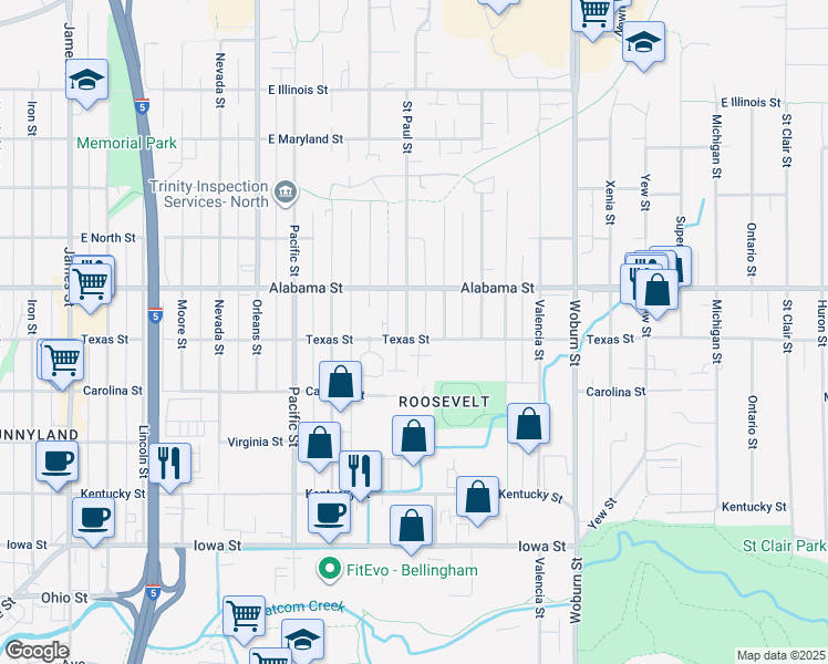 map of restaurants, bars, coffee shops, grocery stores, and more near 1707 Texas Street in Bellingham