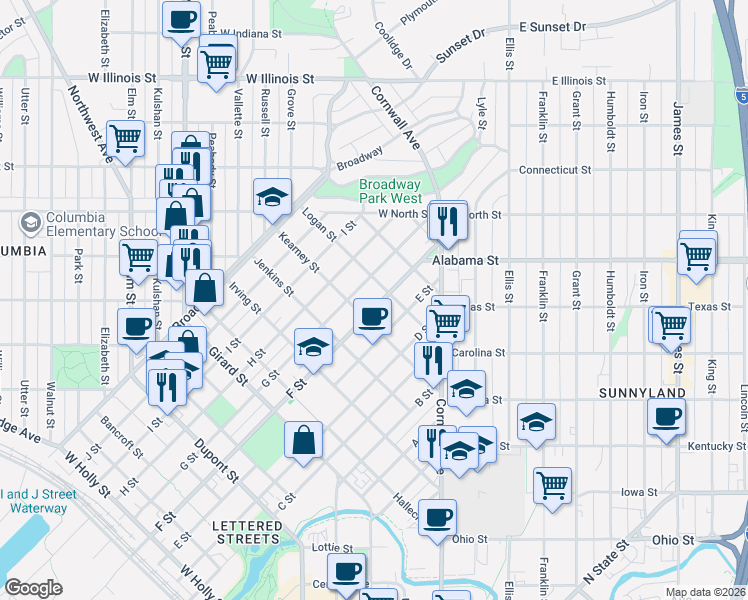map of restaurants, bars, coffee shops, grocery stores, and more near 2415 F Street in Bellingham