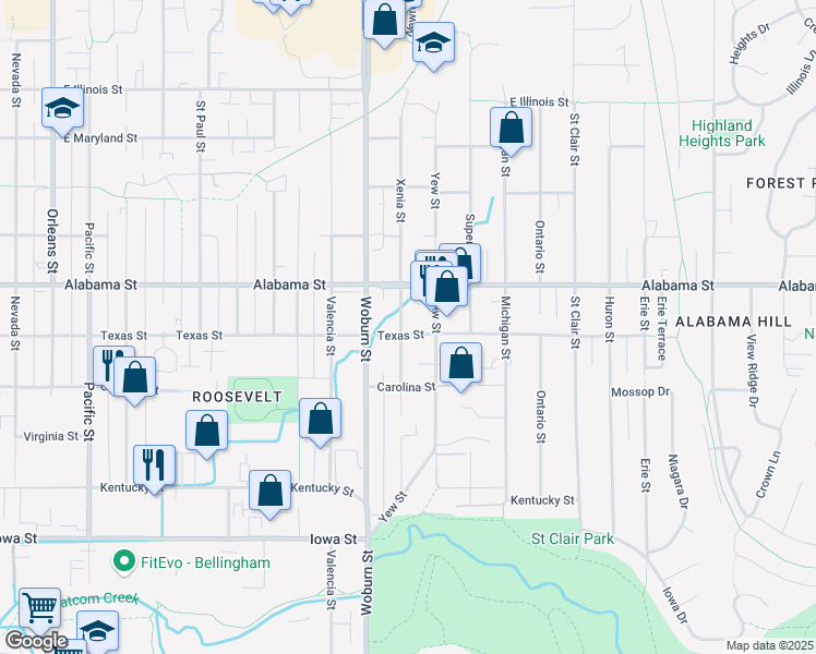 map of restaurants, bars, coffee shops, grocery stores, and more near 2410 Xenia Street in Bellingham