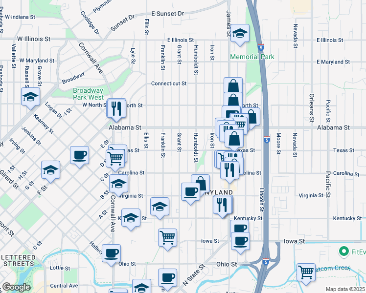 map of restaurants, bars, coffee shops, grocery stores, and more near 2400 Grant St in Bellingham