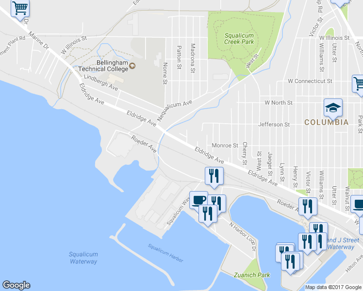 map of restaurants, bars, coffee shops, grocery stores, and more near 2807 Eldridge Avenue in Bellingham