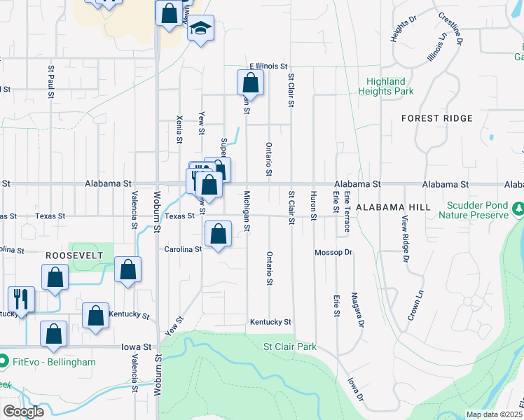 map of restaurants, bars, coffee shops, grocery stores, and more near 2609 Texas Street in Bellingham