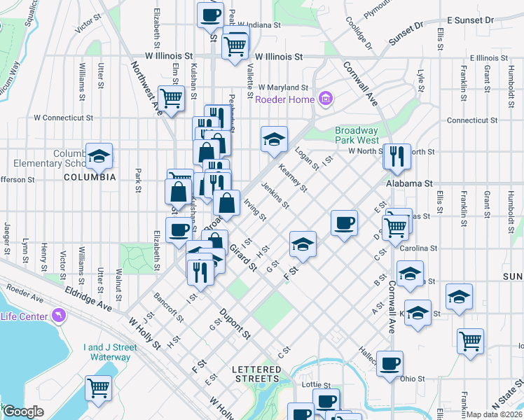 map of restaurants, bars, coffee shops, grocery stores, and more near 2200 J Street in Bellingham