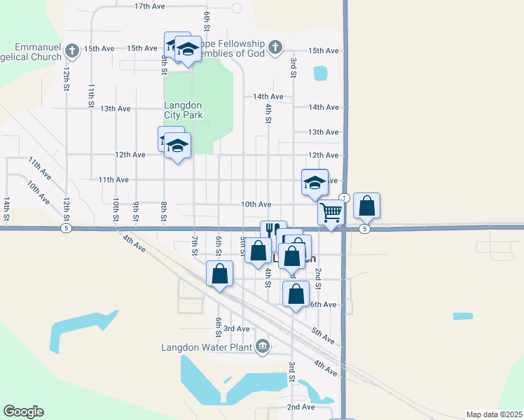 map of restaurants, bars, coffee shops, grocery stores, and more near 948 4th Street in Langdon