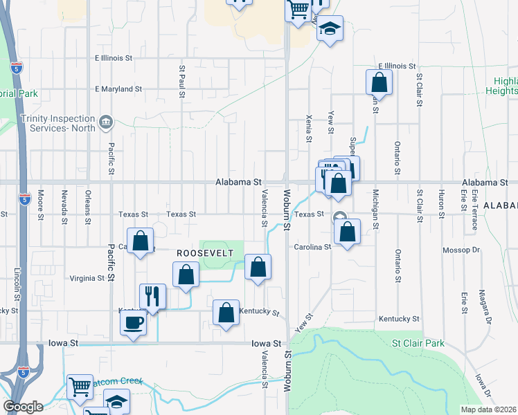 map of restaurants, bars, coffee shops, grocery stores, and more near 2021 Texas Street in Bellingham
