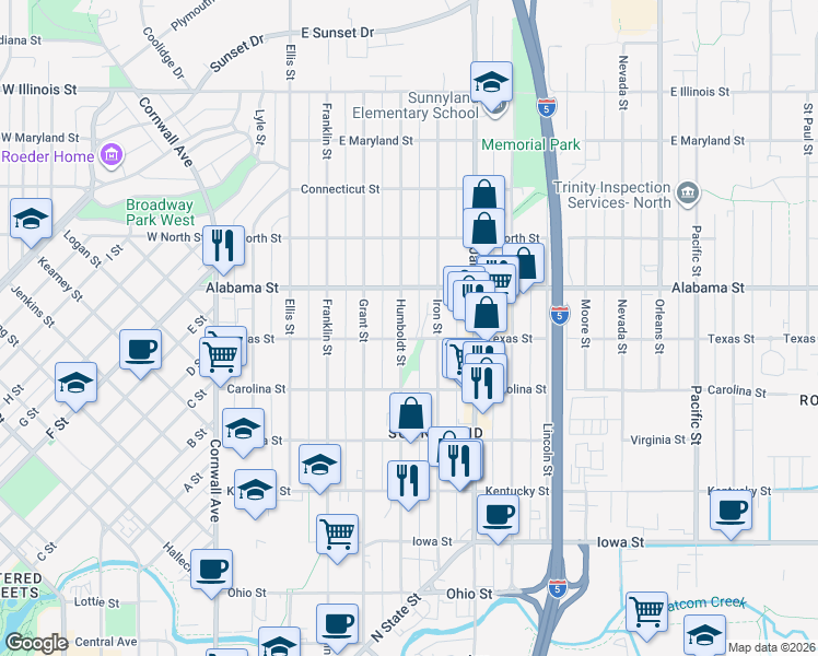 map of restaurants, bars, coffee shops, grocery stores, and more near 2400 Humboldt Street in Bellingham