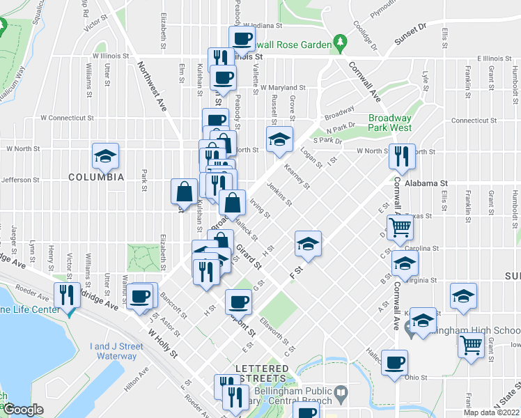map of restaurants, bars, coffee shops, grocery stores, and more near J St & Irving St in Bellingham