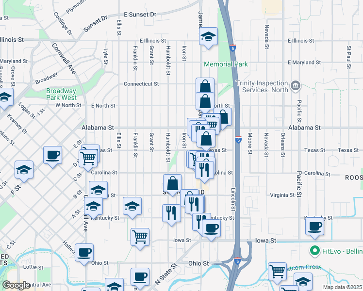 map of restaurants, bars, coffee shops, grocery stores, and more near 615 Texas Street in Bellingham