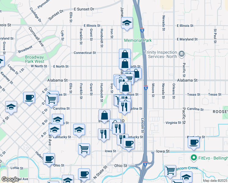 map of restaurants, bars, coffee shops, grocery stores, and more near 2404 Iron Street in Bellingham