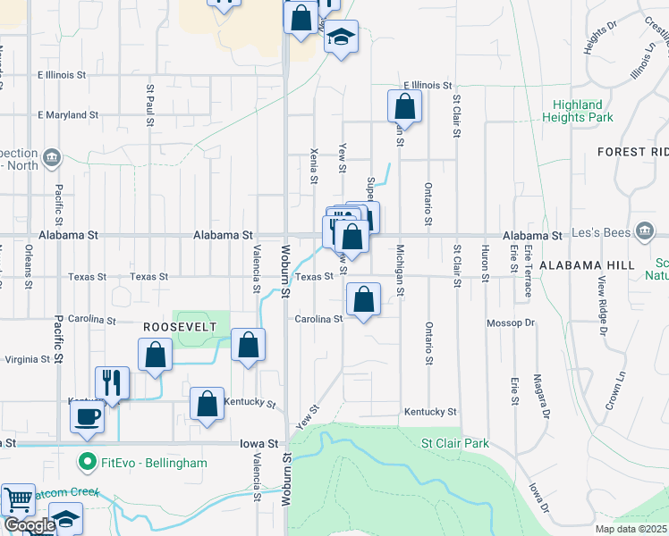 map of restaurants, bars, coffee shops, grocery stores, and more near 2410 Xenia Street in Bellingham
