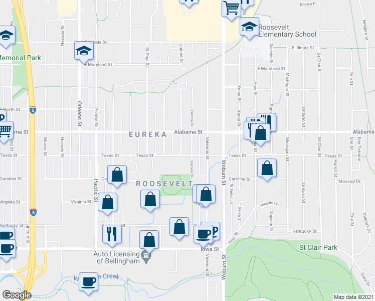 map of restaurants, bars, coffee shops, grocery stores, and more near 2401 Verona Street in Bellingham