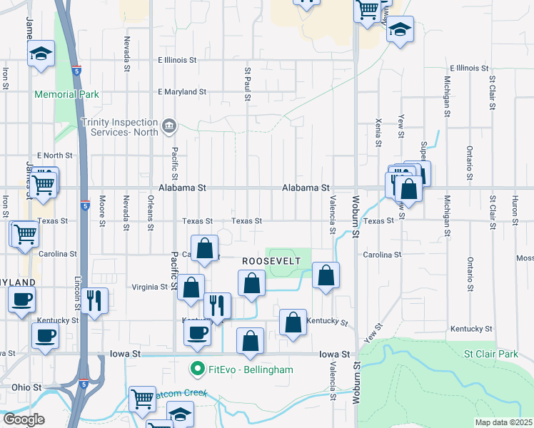 map of restaurants, bars, coffee shops, grocery stores, and more near 1707 Texas Street in Bellingham
