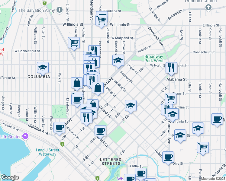 map of restaurants, bars, coffee shops, grocery stores, and more near 2215 I Street in Bellingham
