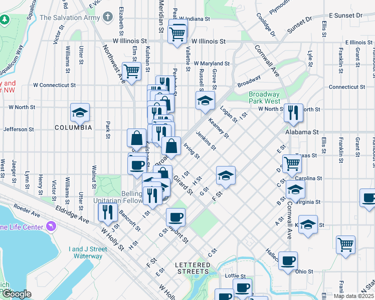 map of restaurants, bars, coffee shops, grocery stores, and more near 2121 J Street in Bellingham