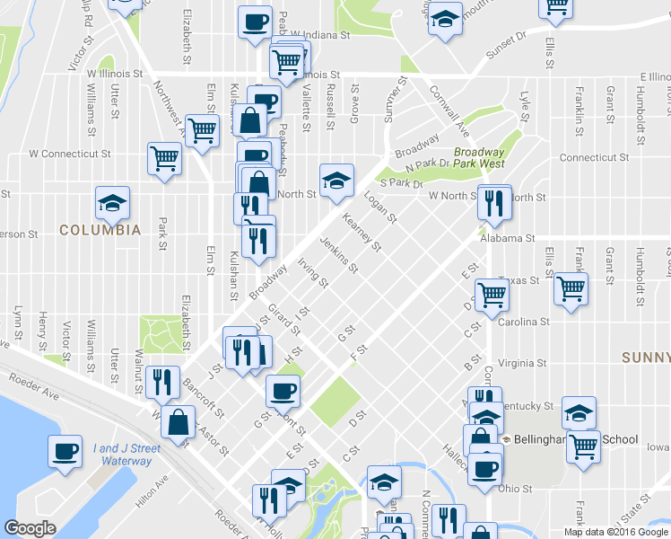 map of restaurants, bars, coffee shops, grocery stores, and more near 2215 I Street in Bellingham