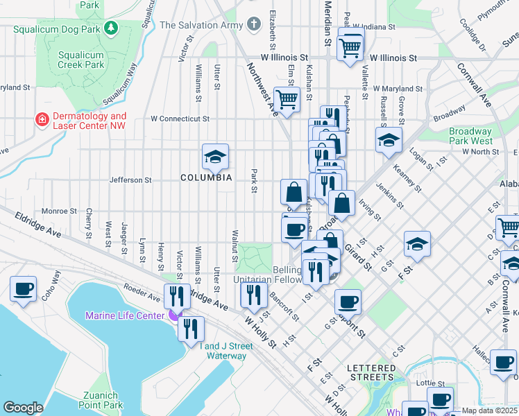 map of restaurants, bars, coffee shops, grocery stores, and more near 1414 Monroe Street in Bellingham