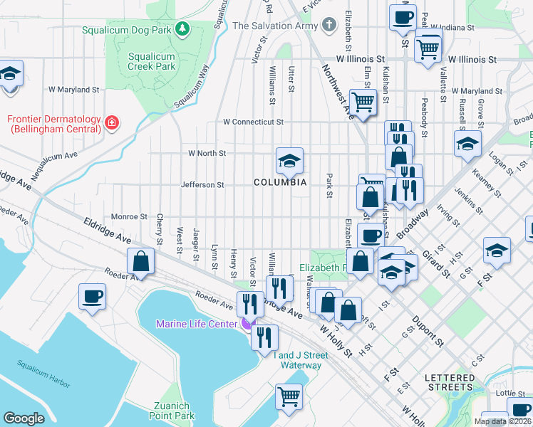 map of restaurants, bars, coffee shops, grocery stores, and more near 1800 Monroe Street in Bellingham