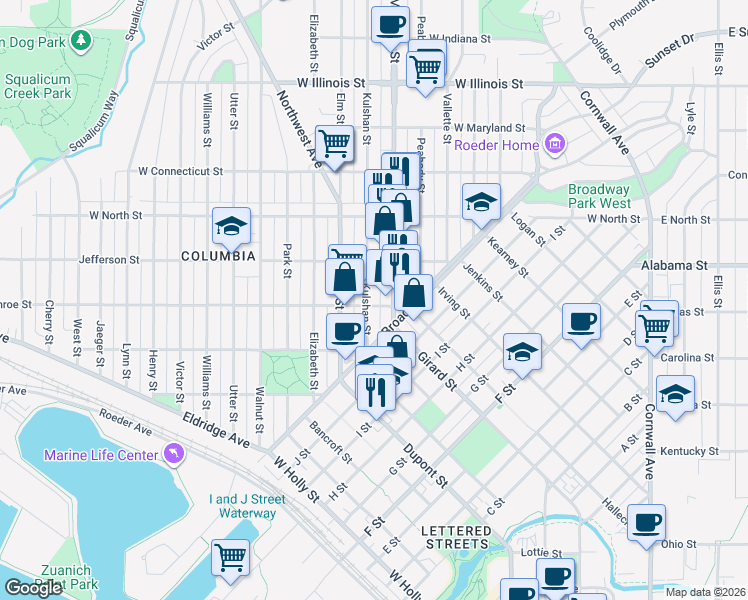 map of restaurants, bars, coffee shops, grocery stores, and more near 1112 Monroe Street in Bellingham