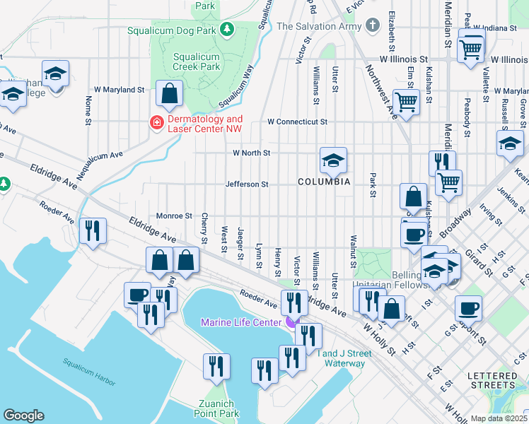 map of restaurants, bars, coffee shops, grocery stores, and more near 2010 Monroe Street in Bellingham