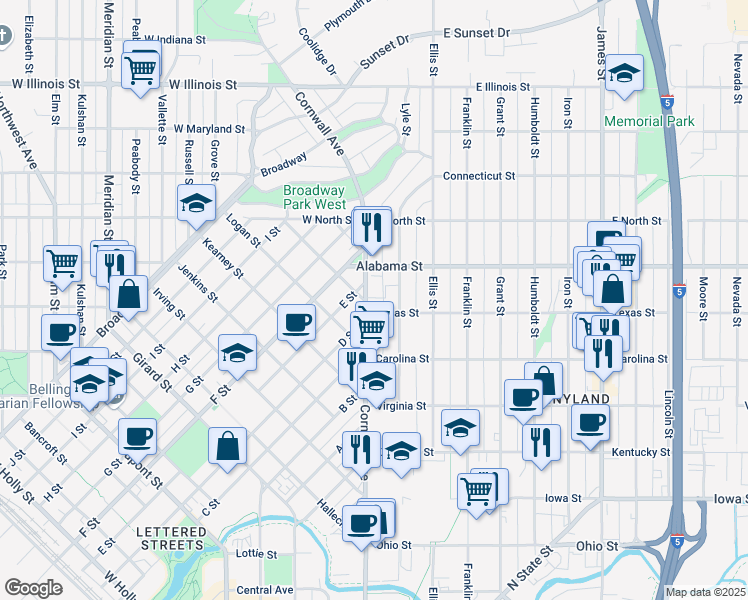 map of restaurants, bars, coffee shops, grocery stores, and more near 2408 Cornwall Avenue in Bellingham