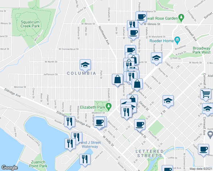 map of restaurants, bars, coffee shops, grocery stores, and more near 2405 Elizabeth Street in Bellingham