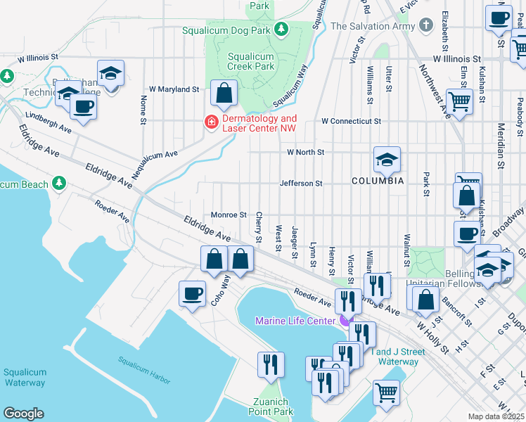 map of restaurants, bars, coffee shops, grocery stores, and more near 2314 Monroe Street in Bellingham