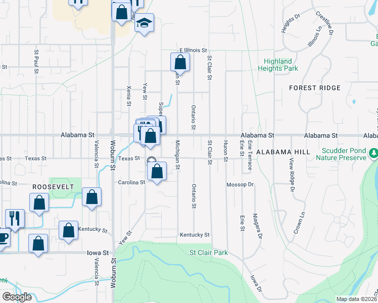 map of restaurants, bars, coffee shops, grocery stores, and more near 2609 Texas Street in Bellingham