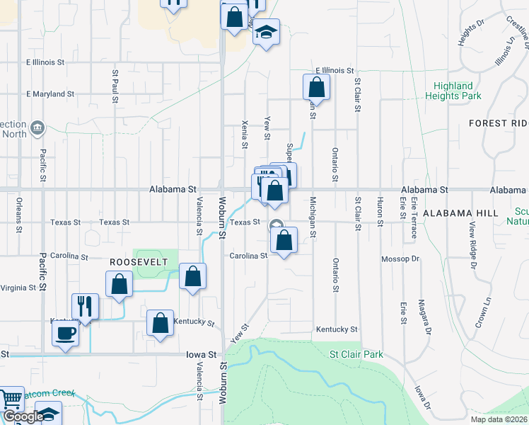 map of restaurants, bars, coffee shops, grocery stores, and more near 2410 Xenia Street in Bellingham