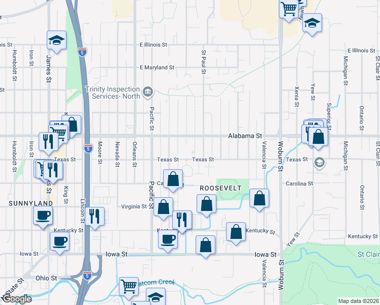map of restaurants, bars, coffee shops, grocery stores, and more near 1615 Texas Street in Bellingham