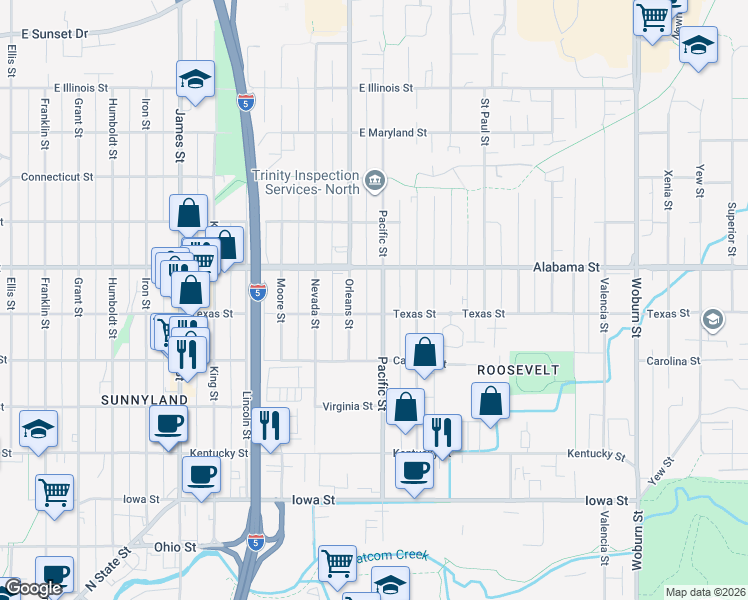 map of restaurants, bars, coffee shops, grocery stores, and more near 1311 Texas Street in Bellingham