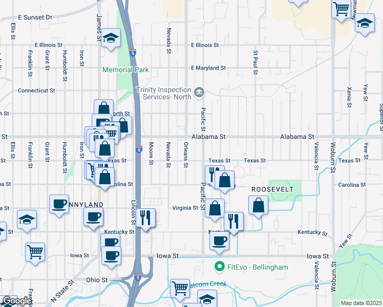 map of restaurants, bars, coffee shops, grocery stores, and more near 1311 Texas Street in Bellingham