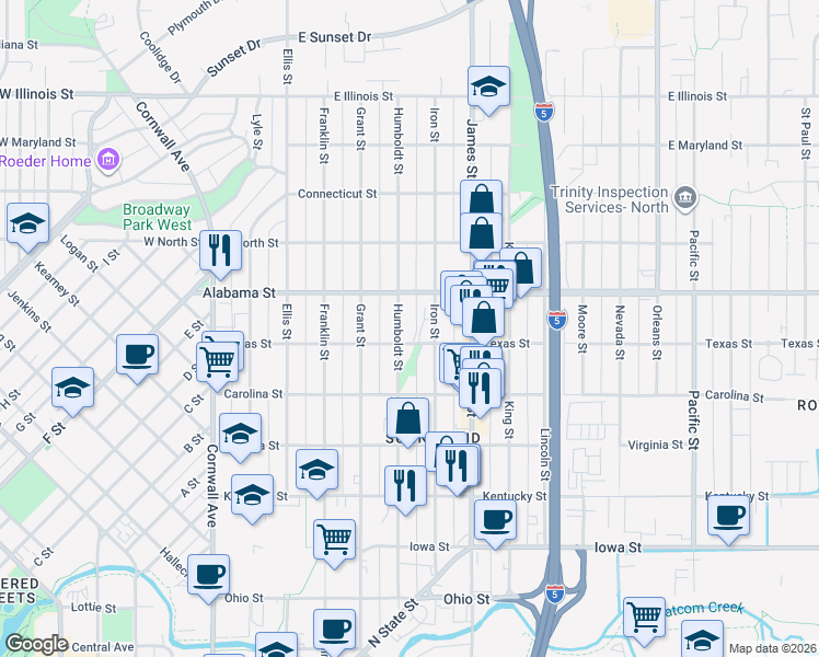 map of restaurants, bars, coffee shops, grocery stores, and more near 2400 Humboldt Street in Bellingham