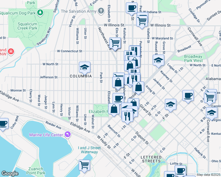 map of restaurants, bars, coffee shops, grocery stores, and more near 2405 Elizabeth Street in Bellingham