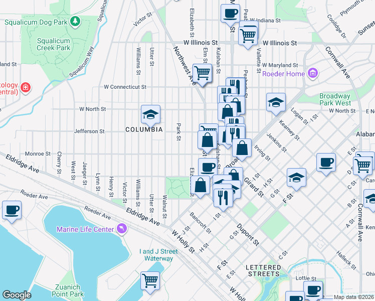 map of restaurants, bars, coffee shops, grocery stores, and more near 2405 Elizabeth Street in Bellingham