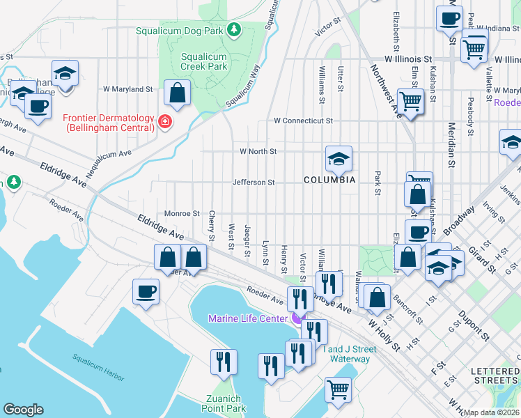 map of restaurants, bars, coffee shops, grocery stores, and more near 2010 Monroe Street in Bellingham
