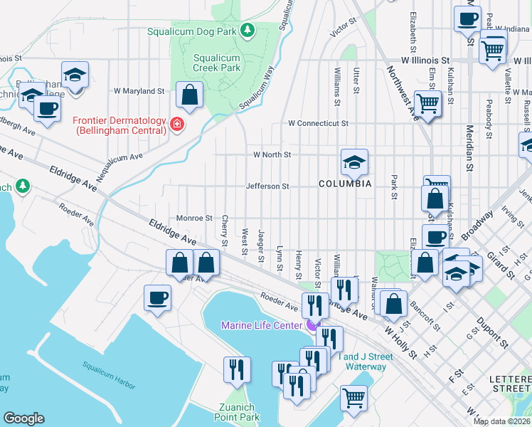 map of restaurants, bars, coffee shops, grocery stores, and more near 2208 Monroe Street in Bellingham