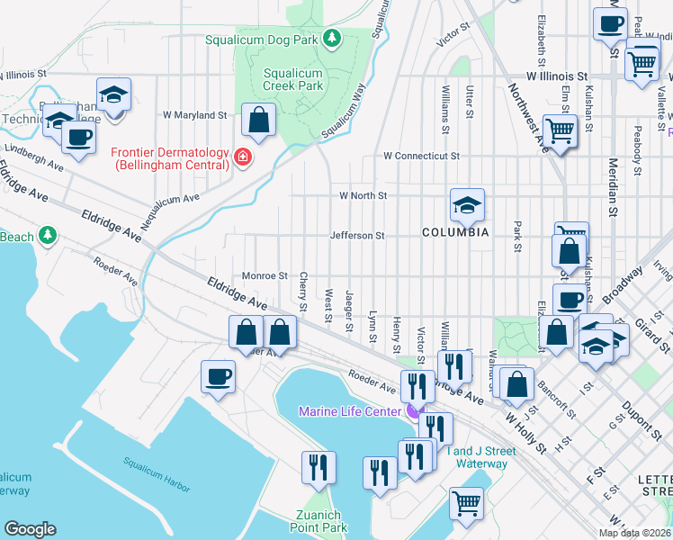 map of restaurants, bars, coffee shops, grocery stores, and more near 2208 Monroe Street in Bellingham