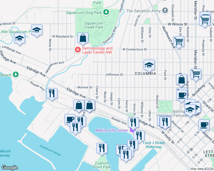 map of restaurants, bars, coffee shops, grocery stores, and more near 2208 Monroe Street in Bellingham