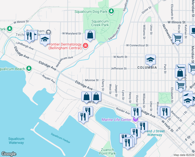 map of restaurants, bars, coffee shops, grocery stores, and more near 2400 Keesling Street in Bellingham